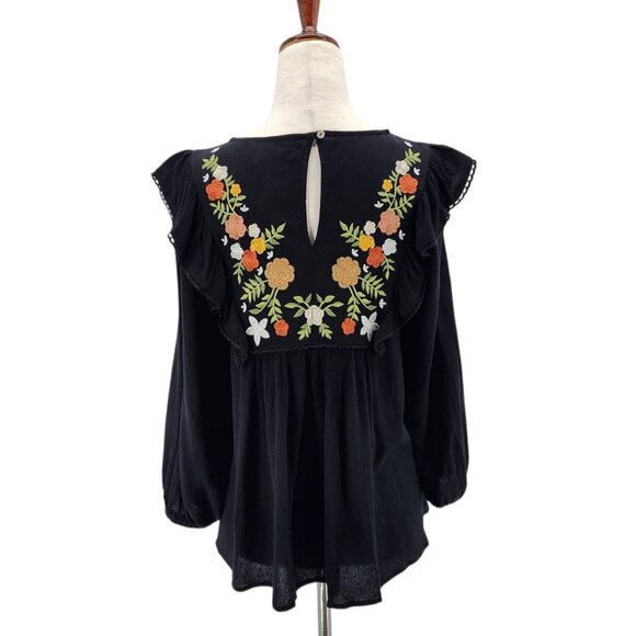 NEW In Loom Womens XS Top Embroidered Floral Tunic Peasant Black Multicolor Boho - Picture 5 of 12